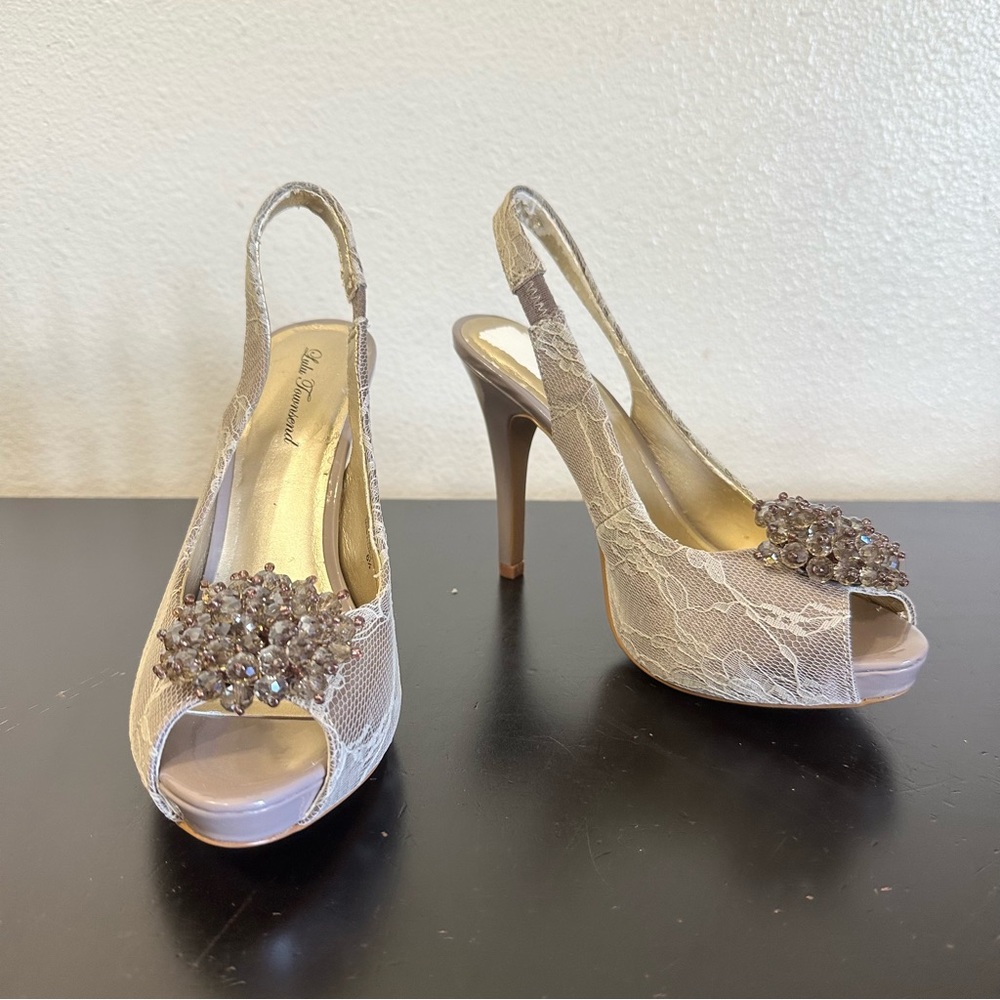 Lulu Townsend Gray Lace Rhinestone High Heels